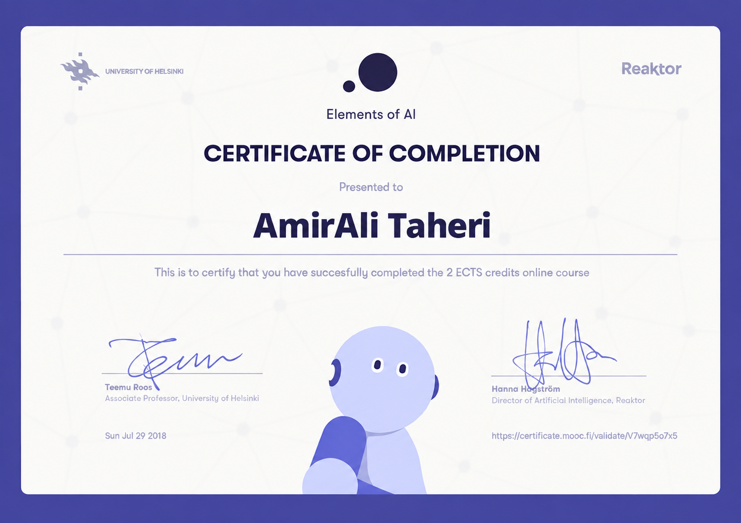 گواهینامه المنت آف AI — Reaktor