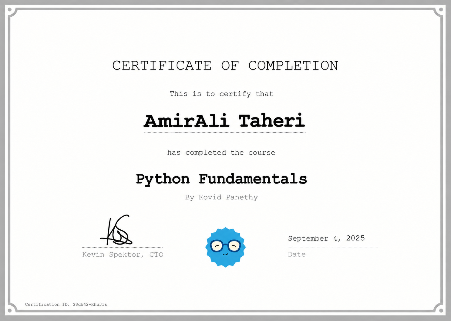 گواهینامه Python Fundamentals — Spektor